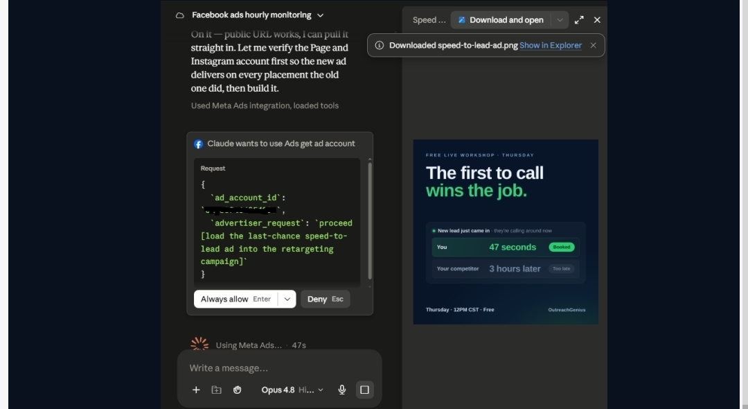 AI building and loading a Facebook ad campaign through the Meta Ads integration