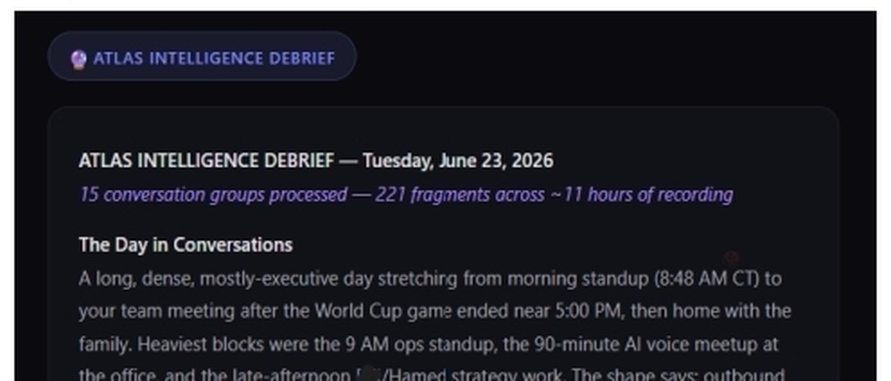 A daily debrief: 15 conversation groups processed, 221 fragments across about 11 hours of recording, and a written read of how the day actually went.